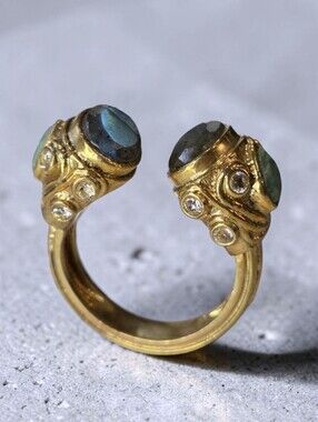 18k Gold Plated High-end Designer Chunky Labradorite Amazonite Byzantine Ring